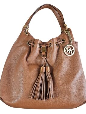 Michael Kors Cognac Pebbled Leather Tassel Hobo with Gold MK Charm